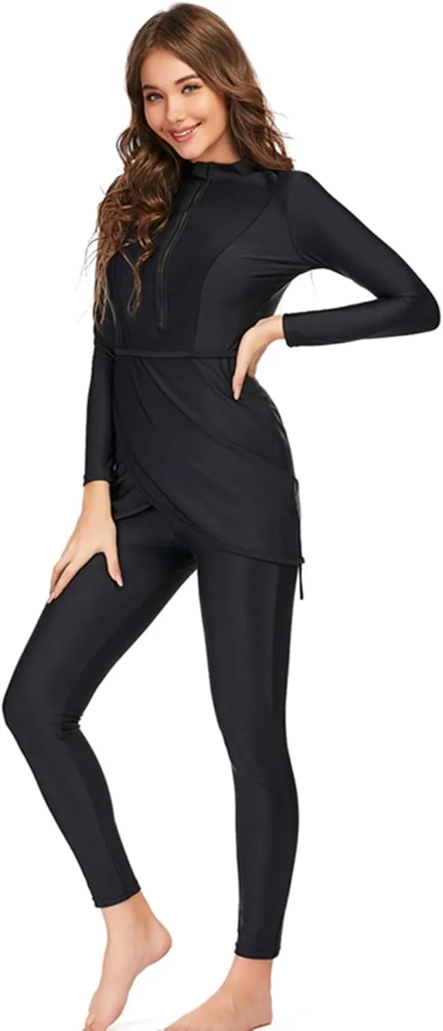 Women Full Covered Swimwear Modest Muslim Swimsuits 3 Pieces Islamic Long Sleeve Burkini with Swimming Cap