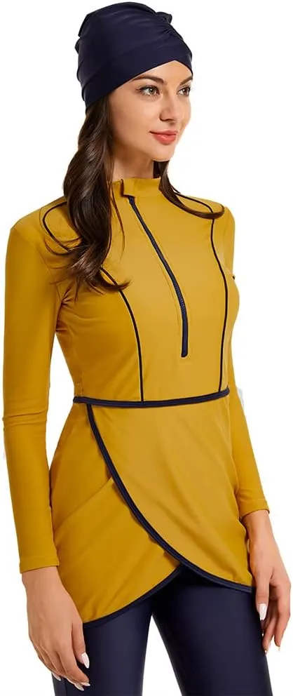 Women Full Covered Swimwear Modest Muslim Swimsuits 3 Pieces Islamic Long Sleeve Burkini with Swimming Cap