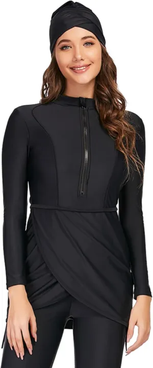 Women Full Covered Swimwear Modest Muslim Swimsuits 3 Pieces Islamic Long Sleeve Burkini with Swimming Cap