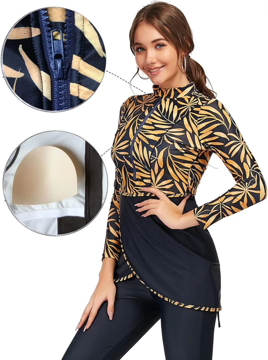 Women Full Covered Swimwear Modest Muslim Swimsuits 3 Pieces Islamic Long Sleeve Burkini with Swimming Cap