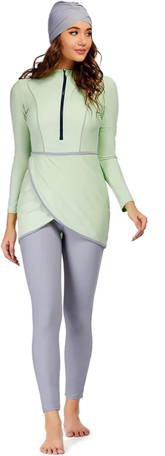 Women Full Covered Swimwear Modest Muslim Swimsuits 3 Pieces Islamic Long Sleeve Burkini with Swimming Cap