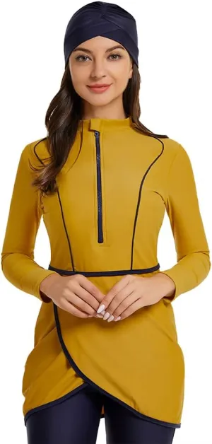 Women Full Covered Swimwear Modest Muslim Swimsuits 3 Pieces Islamic Long Sleeve Burkini with Swimming Cap