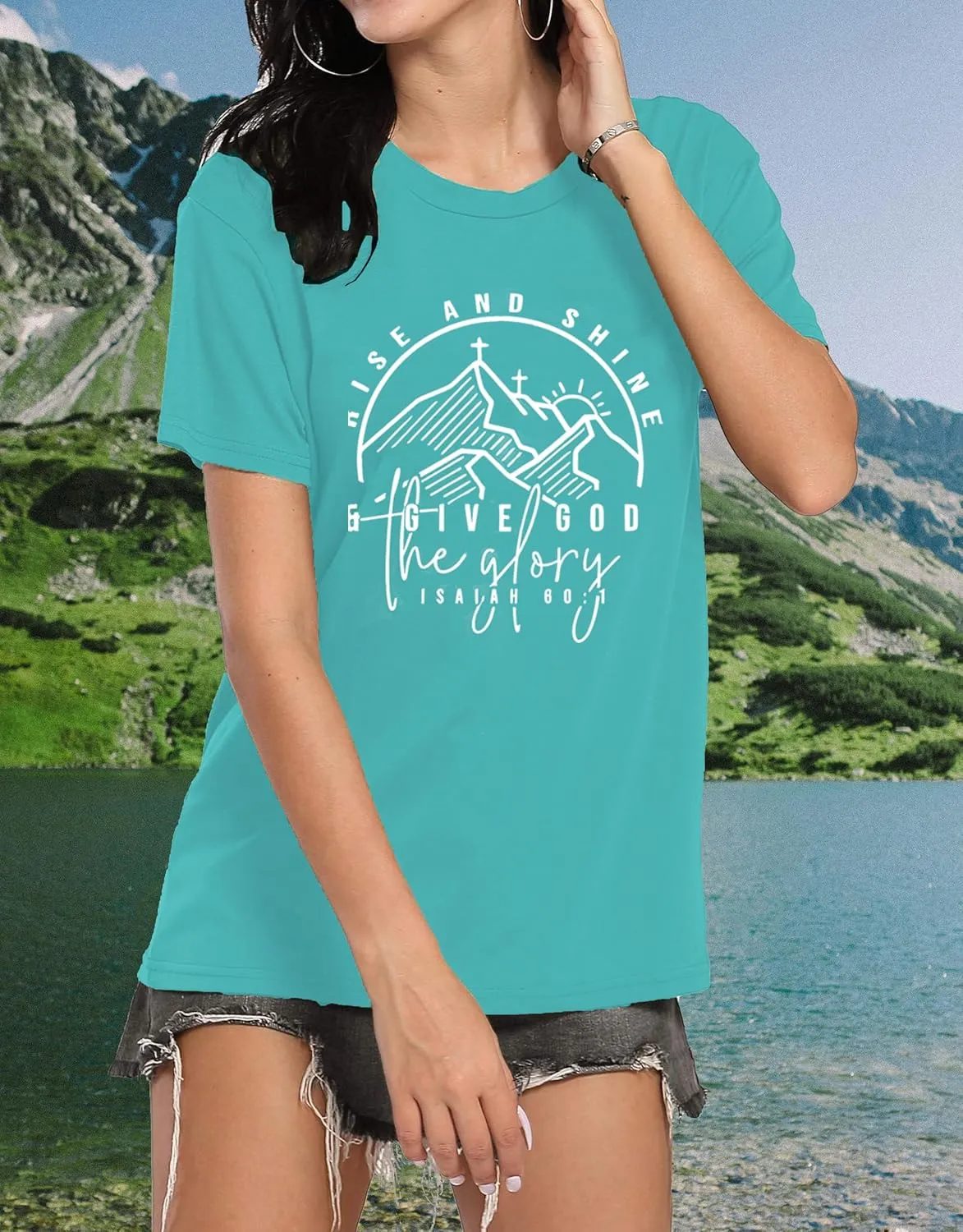 Women Hiking Mountain Shirt Nature Sunrise Graphic Printed Hiking T Shirt Summer Short Sleeve Workout Tee top