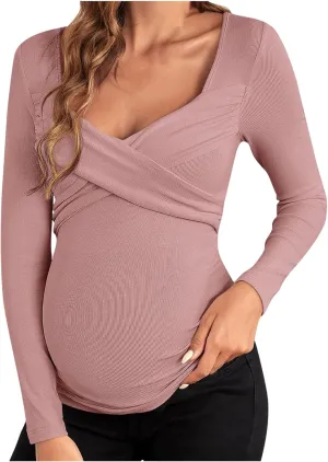 Women Maternity Nursing Tops Long Sleeve Breastfeeding Top Tee Shirt Cross Wrap Double Layer Pregnancy Shirt Pullover