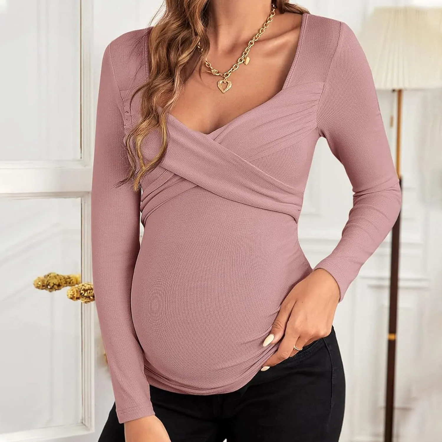 Women Maternity Nursing Tops Long Sleeve Breastfeeding Top Tee Shirt Cross Wrap Double Layer Pregnancy Shirt Pullover