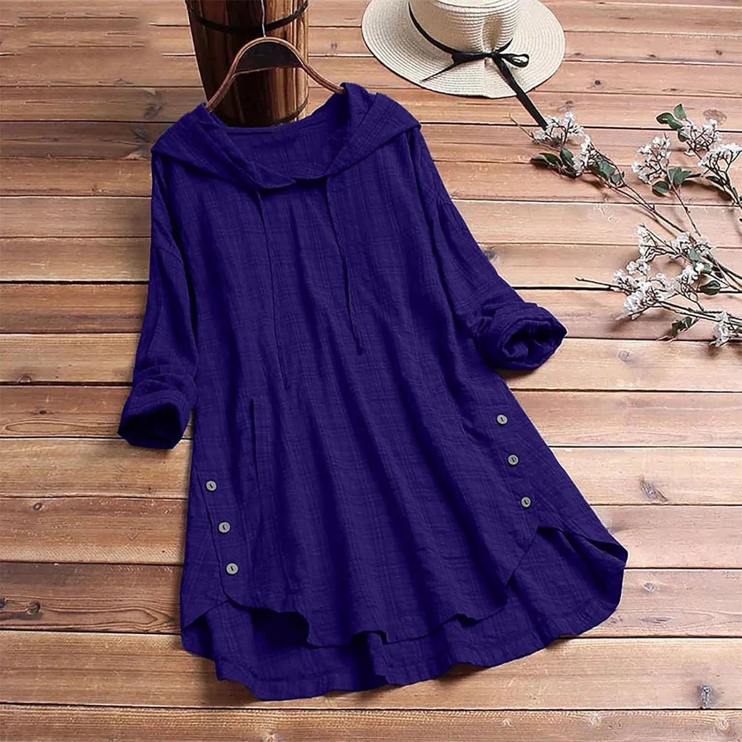 Women Plus Size Hooded Dress Tops Cotton Linen Long Sleeve Shirts Blouse Fall Fashion Flowy Tunic Hide Belly Shirts