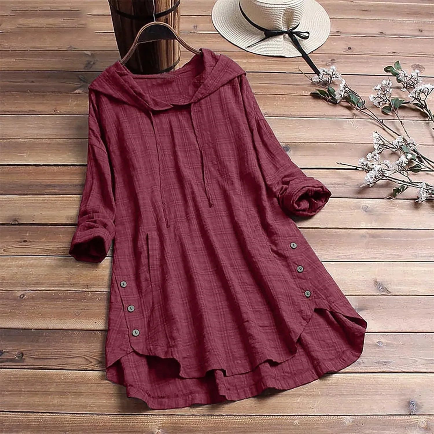 Women Plus Size Hooded Dress Tops Cotton Linen Long Sleeve Shirts Blouse Fall Fashion Flowy Tunic Hide Belly Shirts