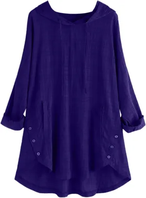 Women Plus Size Hooded Dress Tops Cotton Linen Long Sleeve Shirts Blouse Fall Fashion Flowy Tunic Hide Belly Shirts