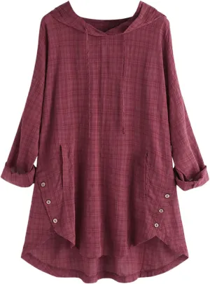 Women Plus Size Hooded Dress Tops Cotton Linen Long Sleeve Shirts Blouse Fall Fashion Flowy Tunic Hide Belly Shirts