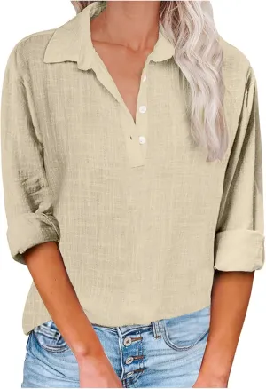 Women Solid Color Linen Shirts Long Sleeve Button V Neck Tops Office Work Tshirt Dressy Casual Fall Blouses