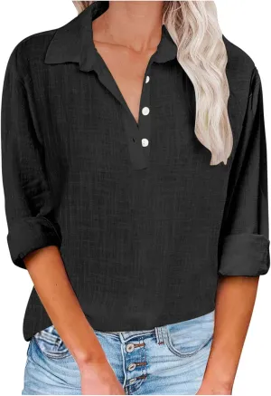 Women Solid Color Linen Shirts Long Sleeve Button V Neck Tops Office Work Tshirt Dressy Casual Fall Blouses
