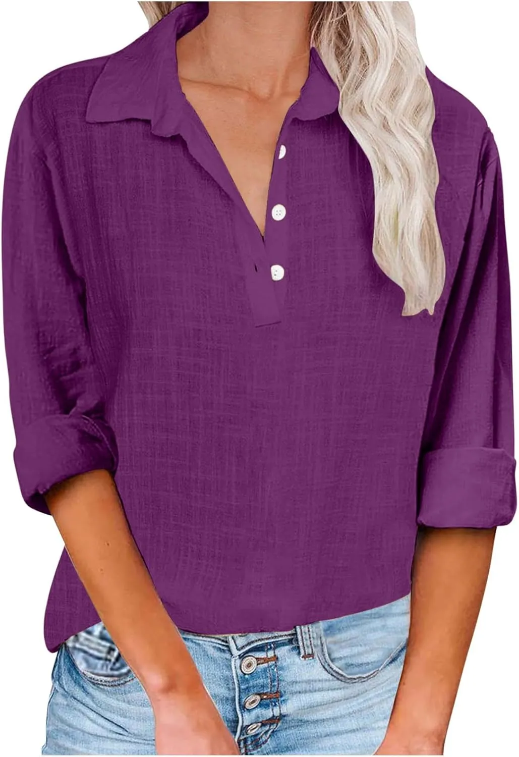 Women Solid Color Linen Shirts Long Sleeve Button V Neck Tops Office Work Tshirt Dressy Casual Fall Blouses