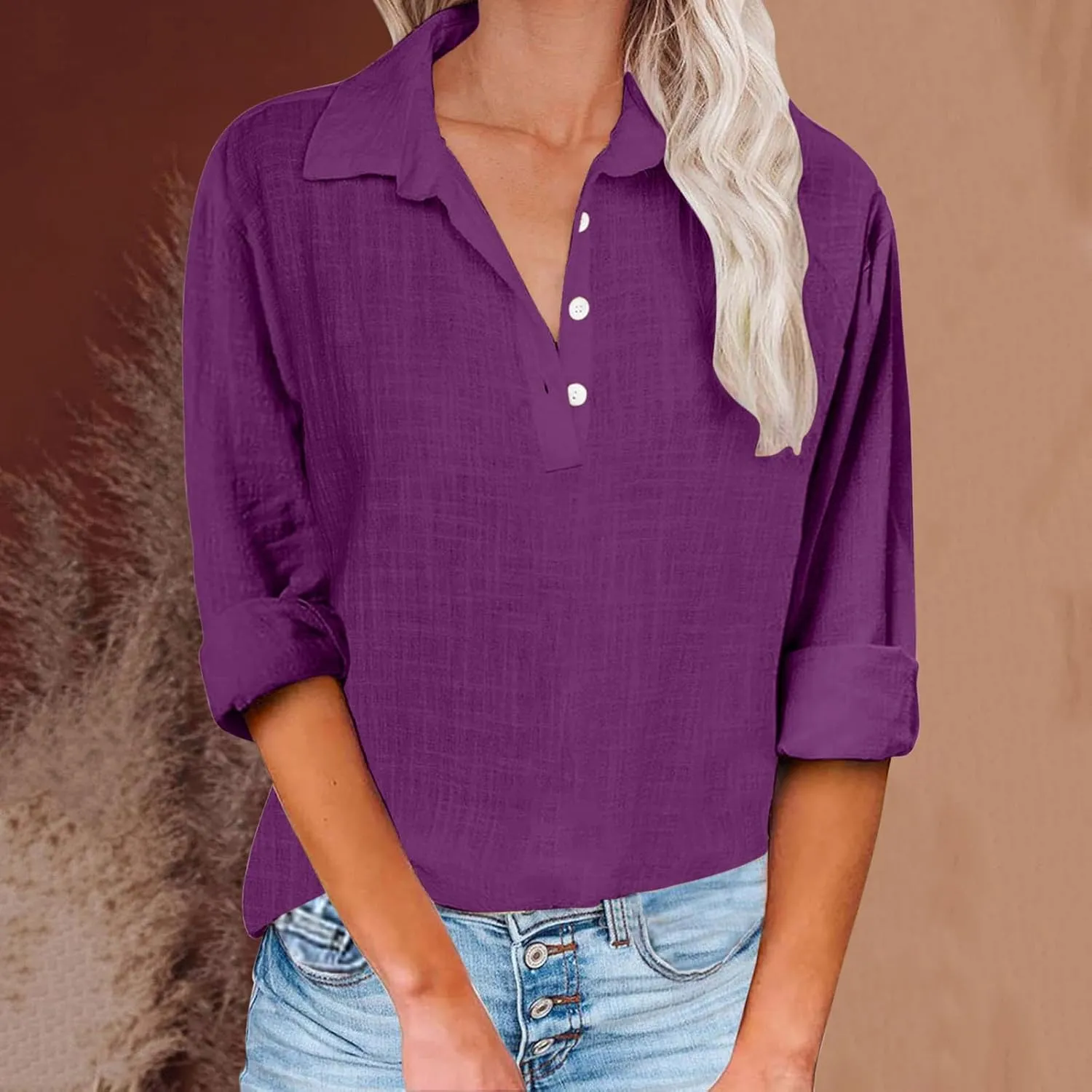 Women Solid Color Linen Shirts Long Sleeve Button V Neck Tops Office Work Tshirt Dressy Casual Fall Blouses