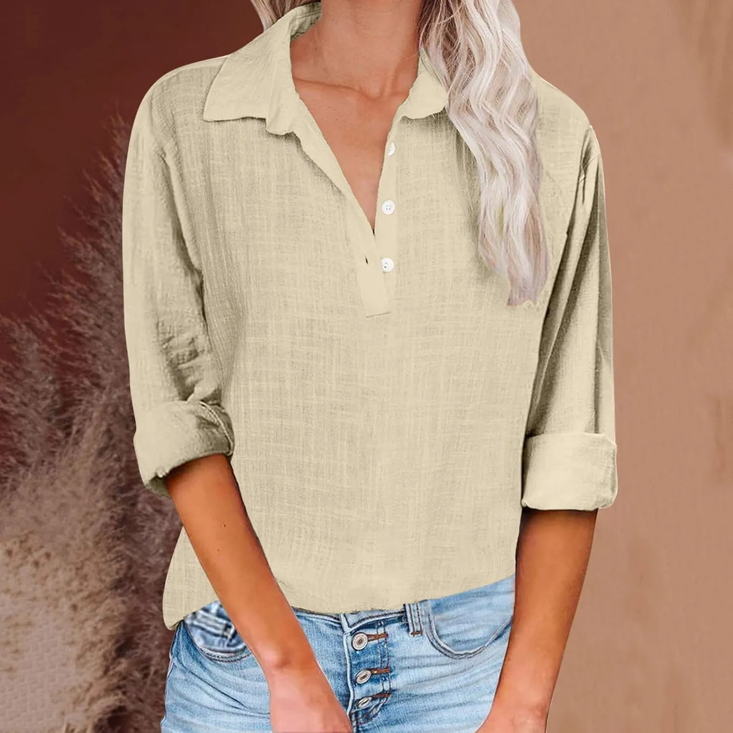 Women Solid Color Linen Shirts Long Sleeve Button V Neck Tops Office Work Tshirt Dressy Casual Fall Blouses