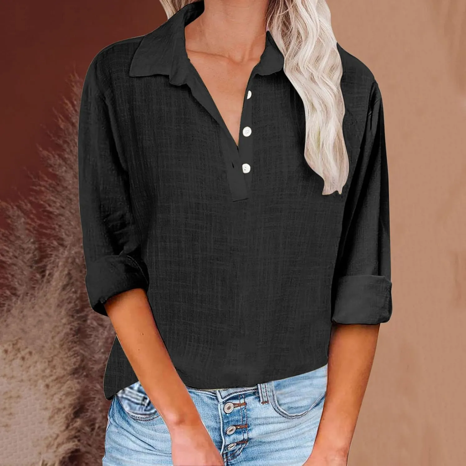 Women Solid Color Linen Shirts Long Sleeve Button V Neck Tops Office Work Tshirt Dressy Casual Fall Blouses