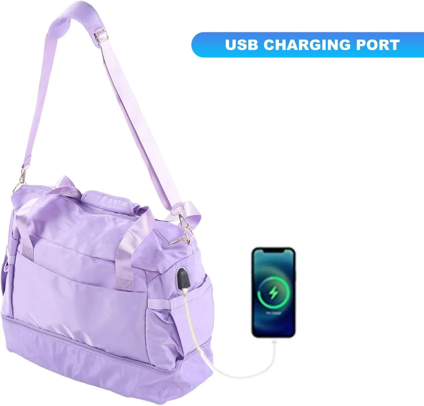 Women Sports Gym Bag Multiple Pockets Large Capacity Workout Travel Bag with USB Charging Port for Fitness Yoga (Lavender Violet)