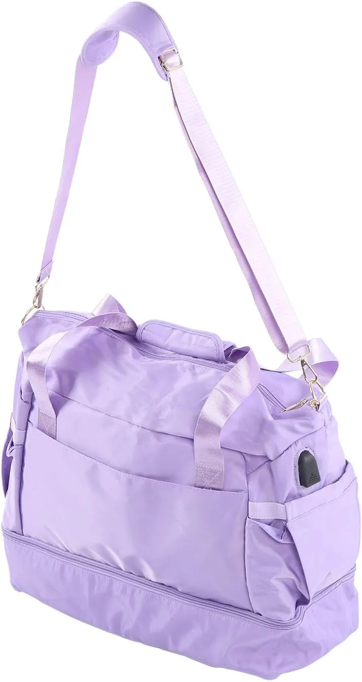 Women Sports Gym Bag Multiple Pockets Large Capacity Workout Travel Bag with USB Charging Port for Fitness Yoga (Lavender Violet)