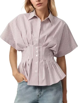 Women Striped Button Pleated Shirt Short Sleeve Summer Casual Peplum Blouse