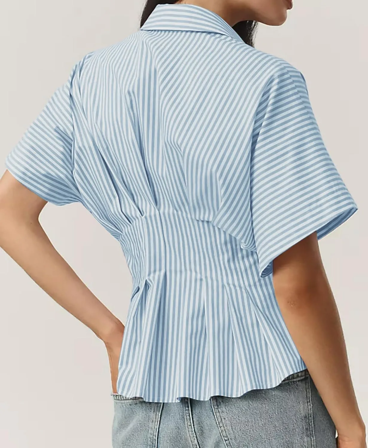 Women Striped Button Pleated Shirt Short Sleeve Summer Casual Peplum Blouse