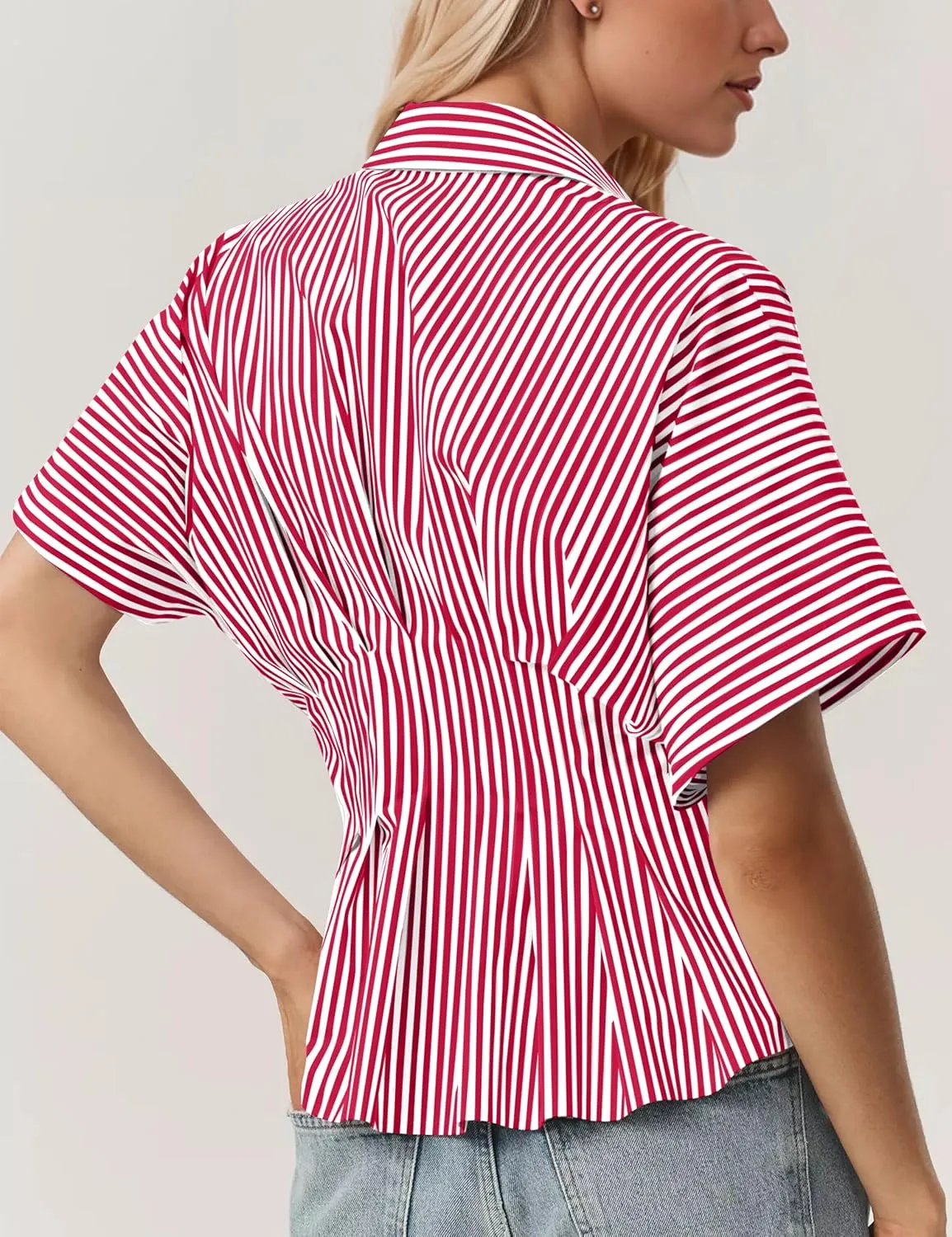 Women Striped Button Pleated Shirt Short Sleeve Summer Casual Peplum Blouse