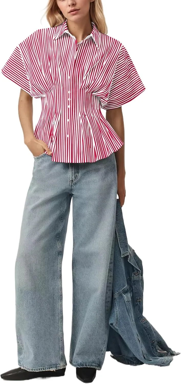 Women Striped Button Pleated Shirt Short Sleeve Summer Casual Peplum Blouse