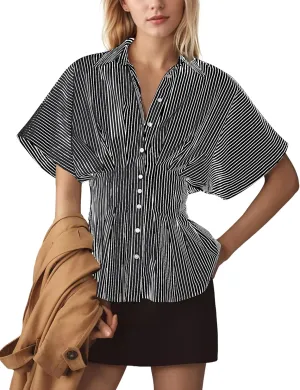 Women Striped Button Pleated Shirt Short Sleeve Summer Casual Peplum Blouse