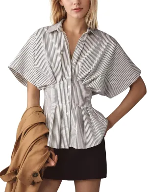 Women Striped Button Pleated Shirt Short Sleeve Summer Casual Peplum Blouse