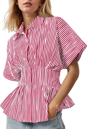 Women Striped Button Pleated Shirt Short Sleeve Summer Casual Peplum Blouse