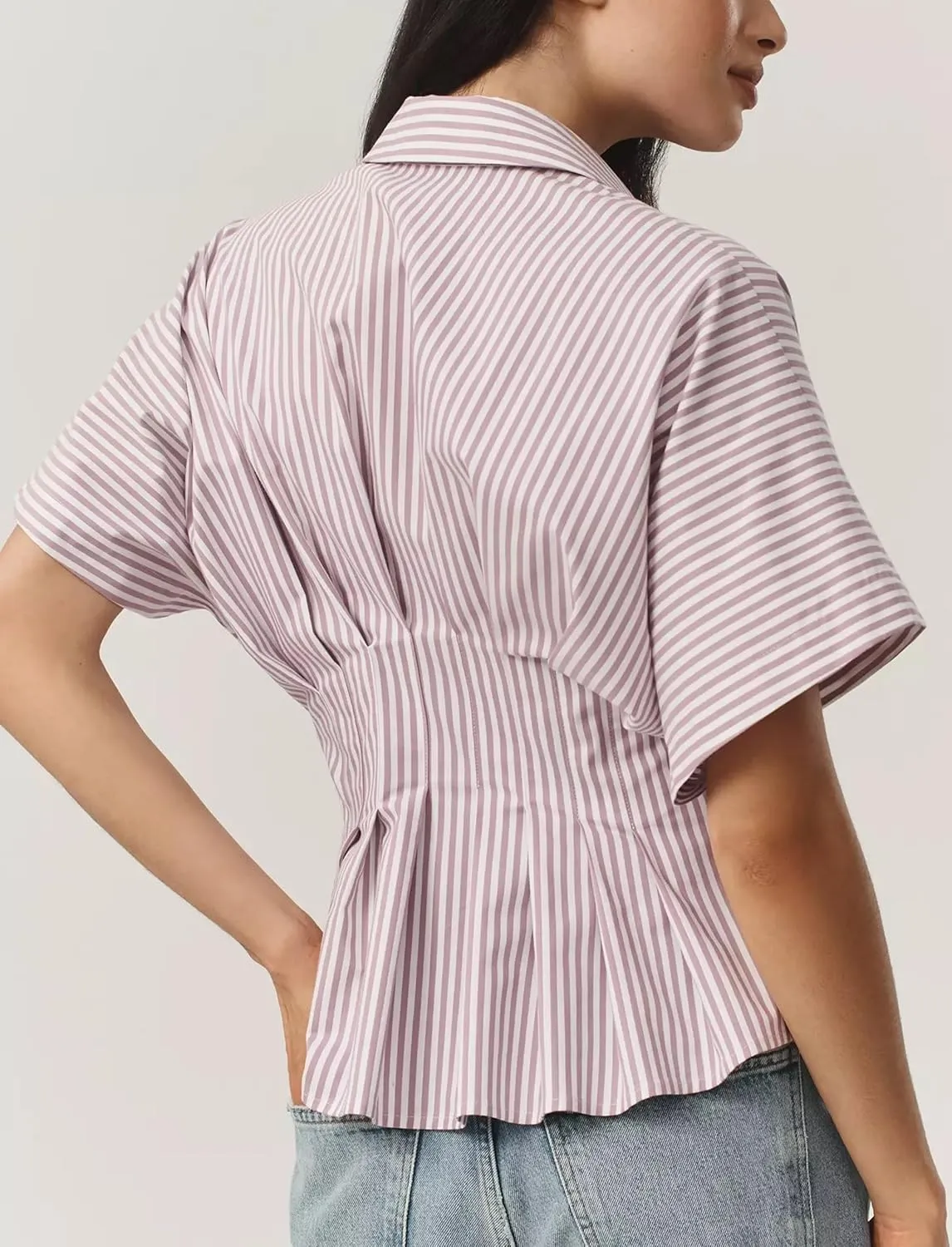 Women Striped Button Pleated Shirt Short Sleeve Summer Casual Peplum Blouse