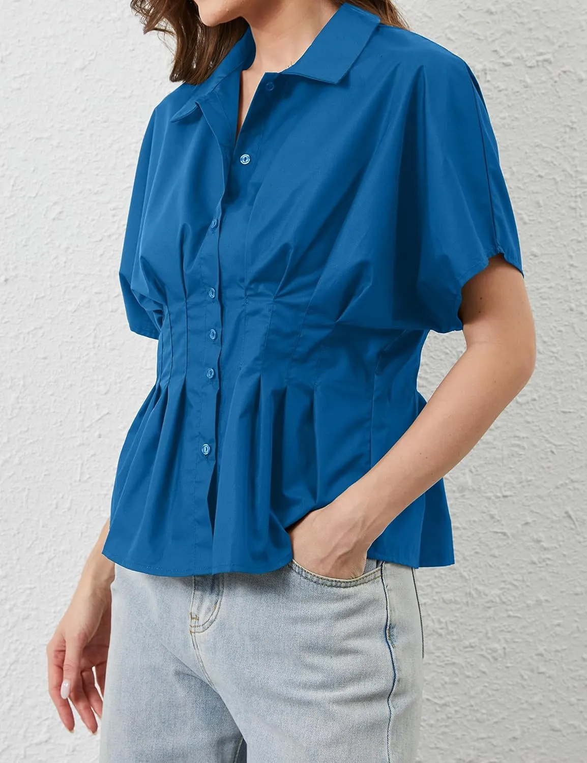 Women Striped Button Pleated Shirt Short Sleeve Summer Casual Peplum Blouse