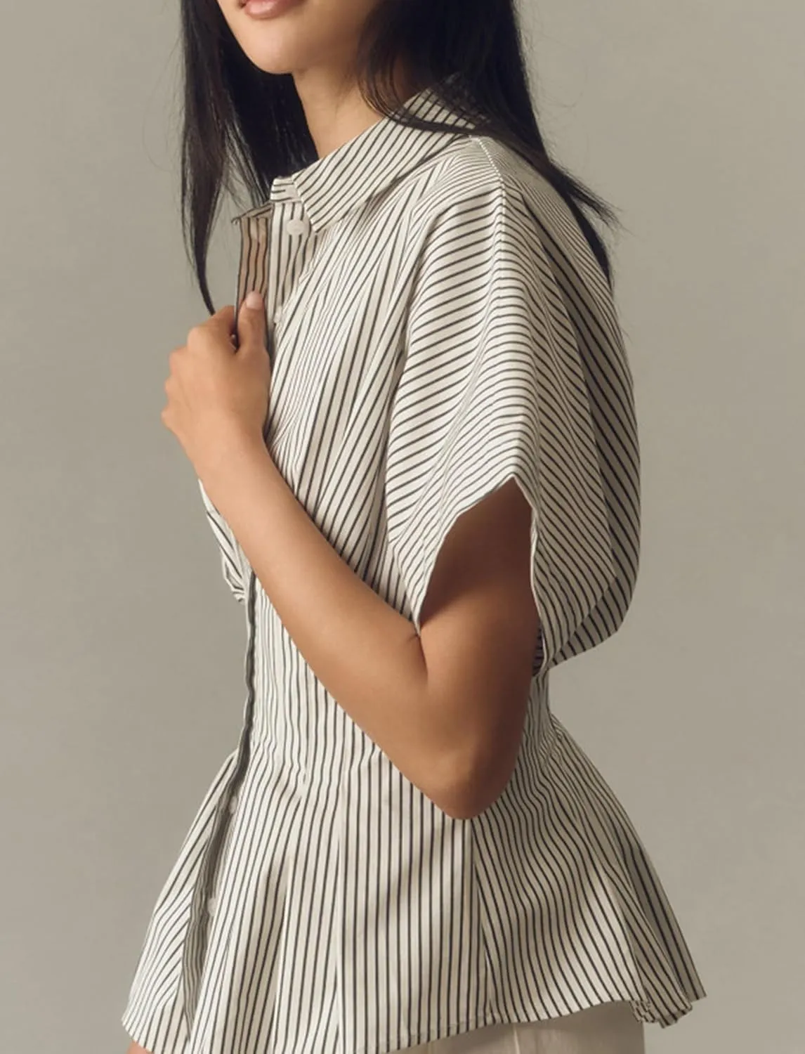 Women Striped Button Pleated Shirt Short Sleeve Summer Casual Peplum Blouse