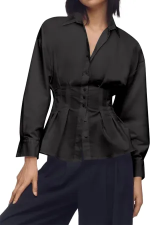Women Striped Button Pleated Shirt Short Sleeve Summer Casual Peplum Blouse