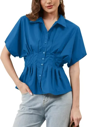 Women Striped Button Pleated Shirt Short Sleeve Summer Casual Peplum Blouse