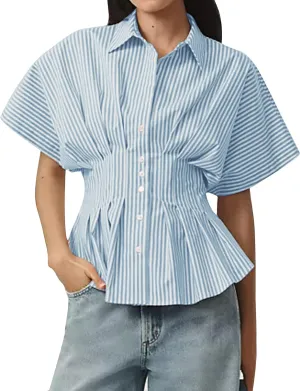 Women Striped Button Pleated Shirt Short Sleeve Summer Casual Peplum Blouse