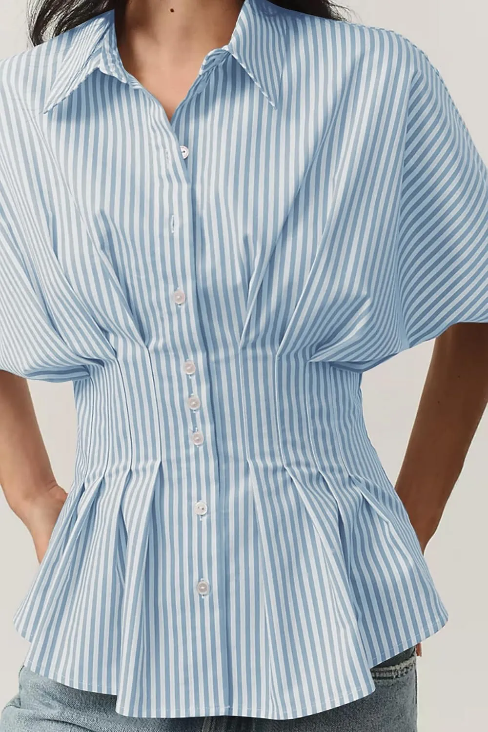Women Striped Button Pleated Shirt Short Sleeve Summer Casual Peplum Blouse