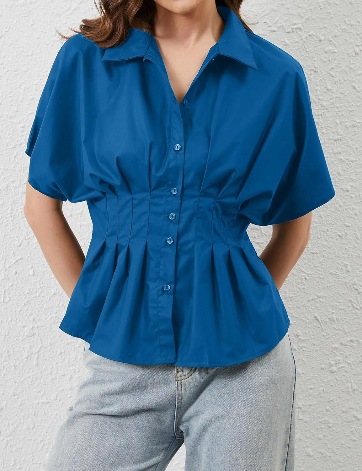 Women Striped Button Pleated Shirt Short Sleeve Summer Casual Peplum Blouse