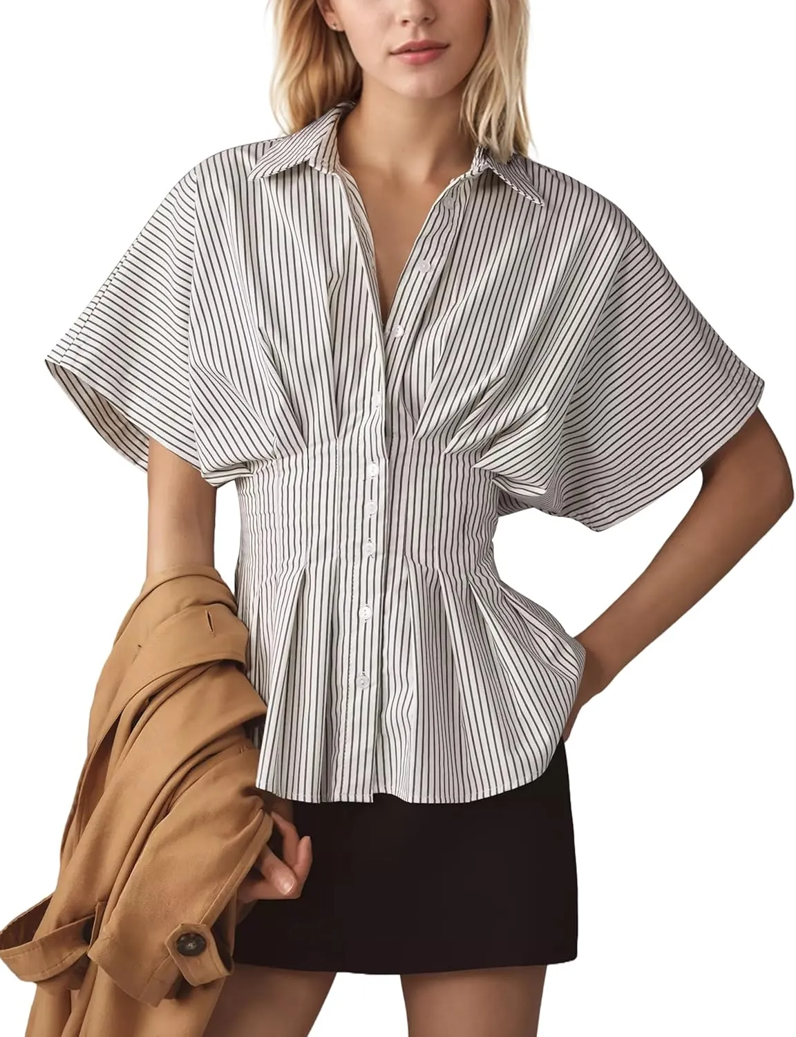 Women Striped Button Pleated Shirt Short Sleeve Summer Casual Peplum Blouse
