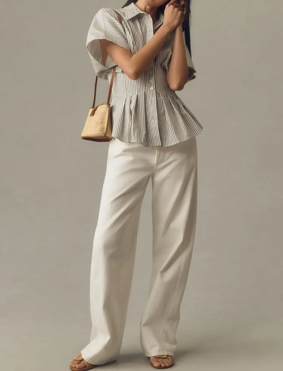 Women Striped Button Pleated Shirt Short Sleeve Summer Casual Peplum Blouse