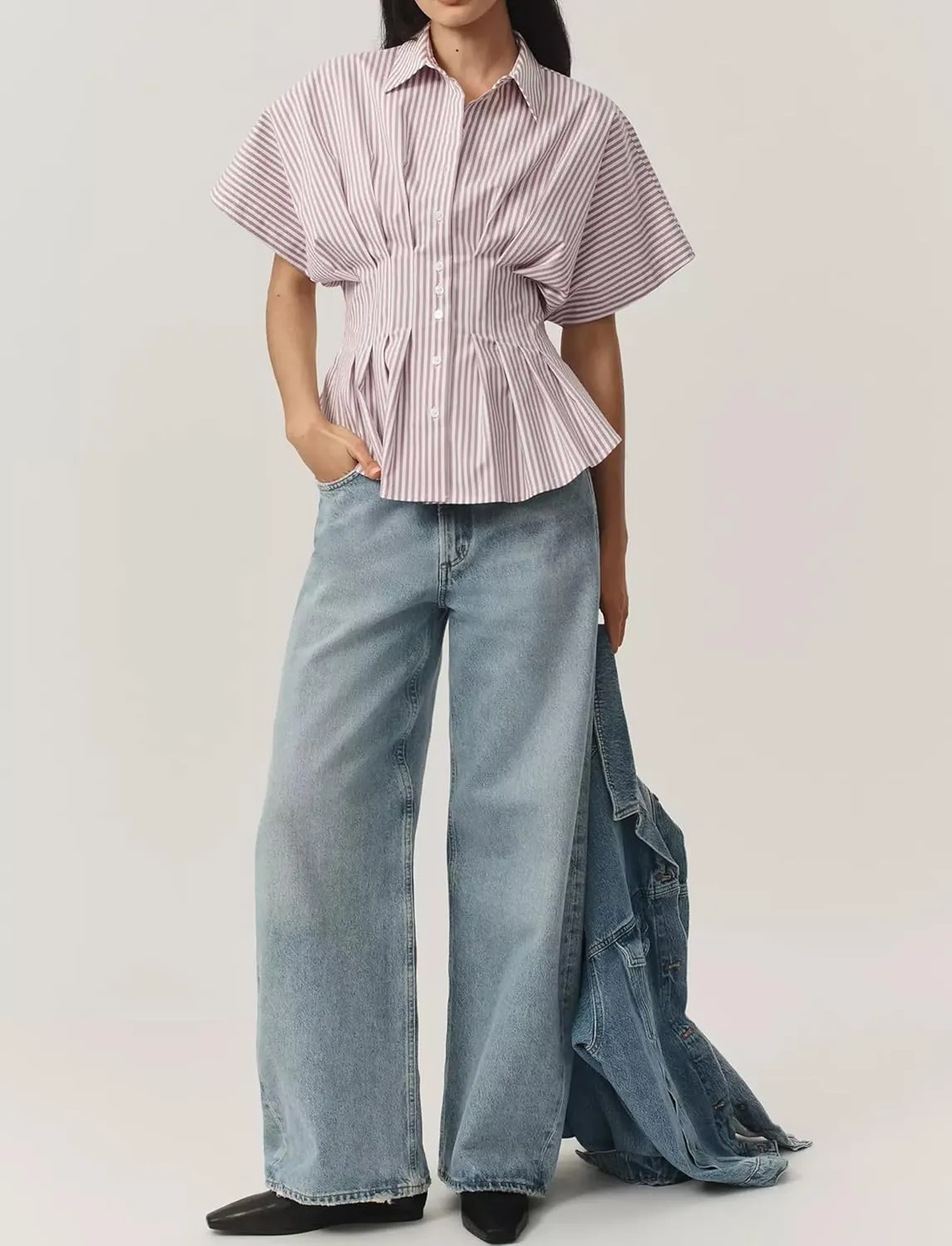 Women Striped Button Pleated Shirt Short Sleeve Summer Casual Peplum Blouse