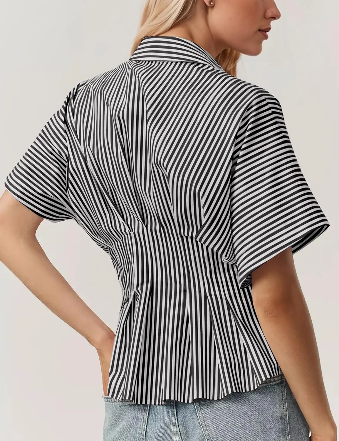 Women Striped Button Pleated Shirt Short Sleeve Summer Casual Peplum Blouse