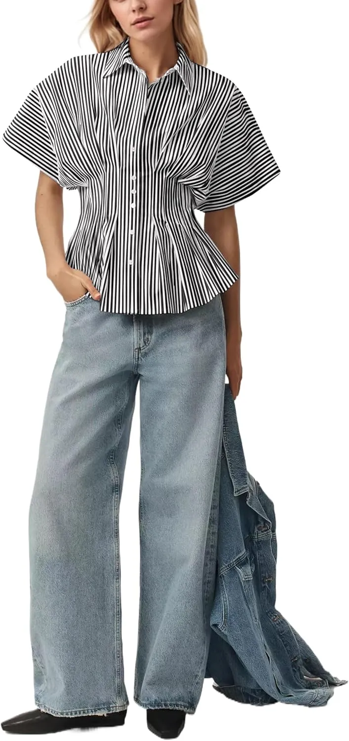 Women Striped Button Pleated Shirt Short Sleeve Summer Casual Peplum Blouse