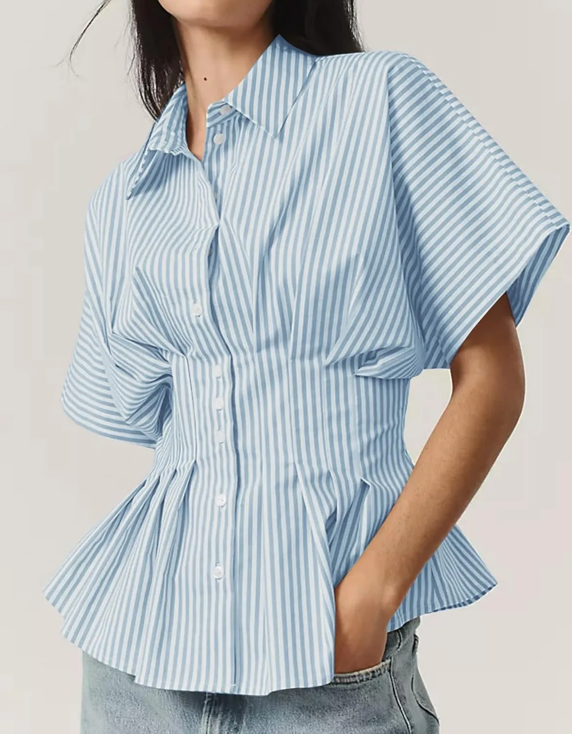 Women Striped Button Pleated Shirt Short Sleeve Summer Casual Peplum Blouse