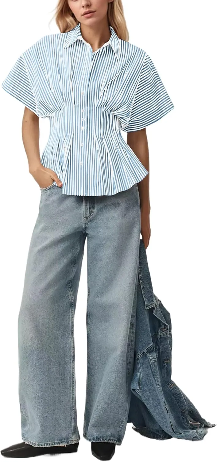 Women Striped Button Pleated Shirt Short Sleeve Summer Casual Peplum Blouse