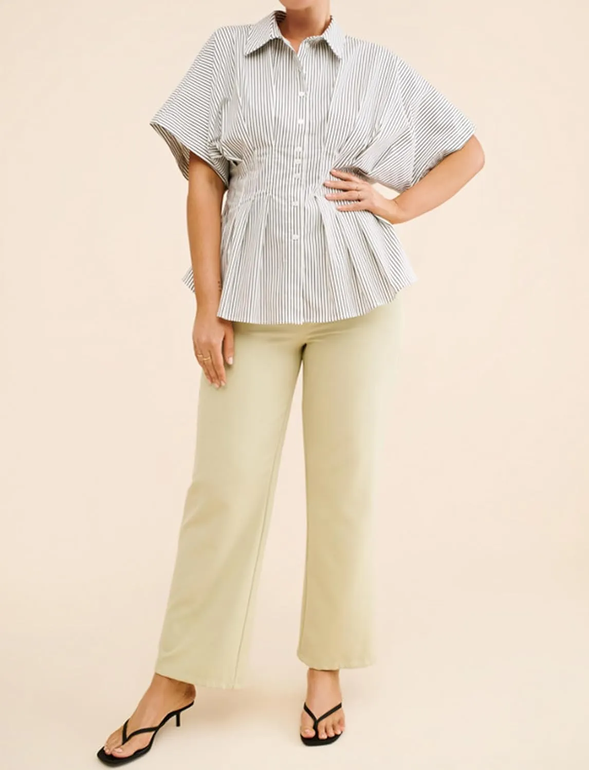 Women Striped Button Pleated Shirt Short Sleeve Summer Casual Peplum Blouse