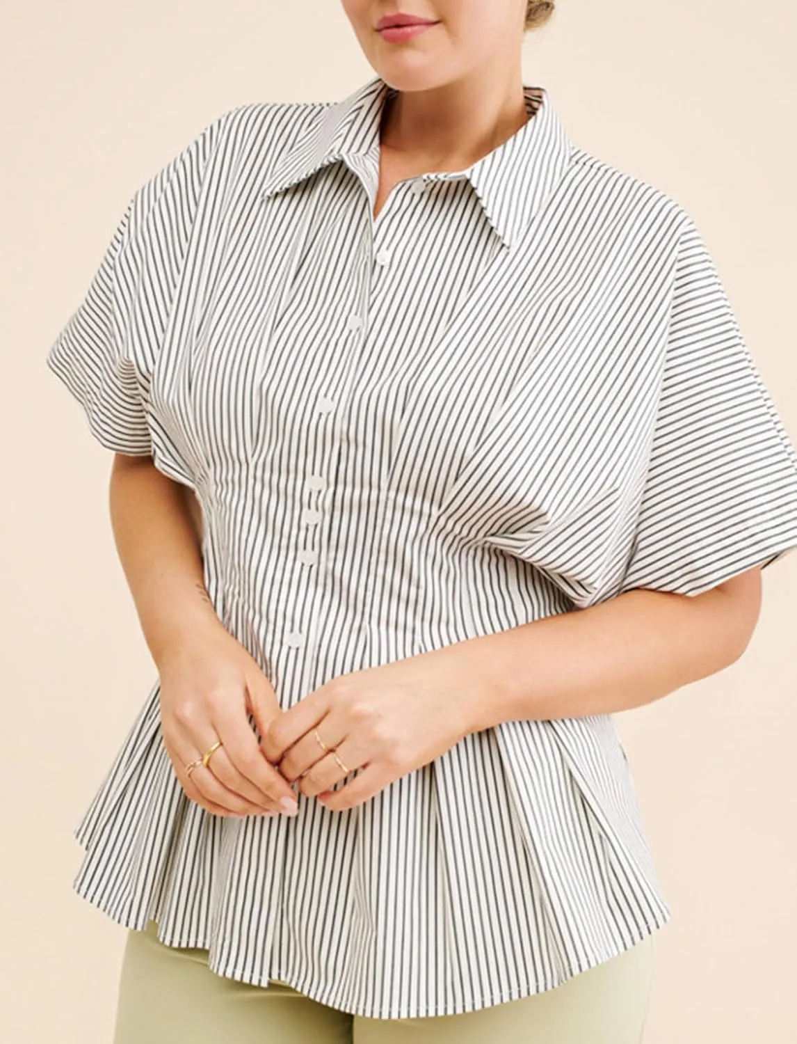 Women Striped Button Pleated Shirt Short Sleeve Summer Casual Peplum Blouse