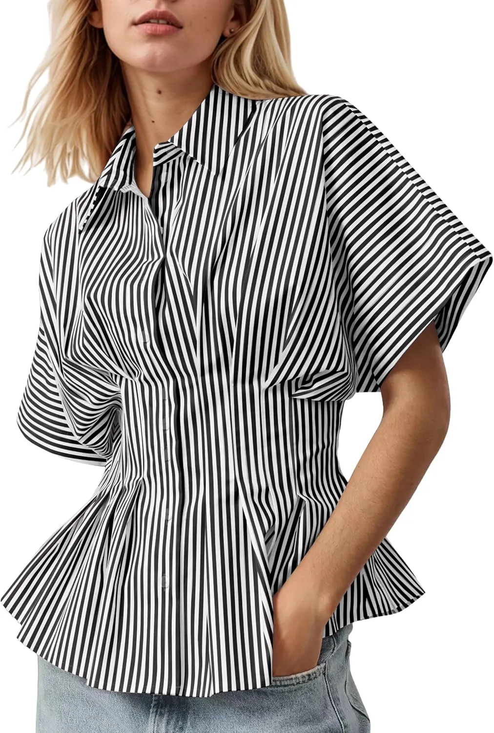 Women Striped Button Pleated Shirt Short Sleeve Summer Casual Peplum Blouse
