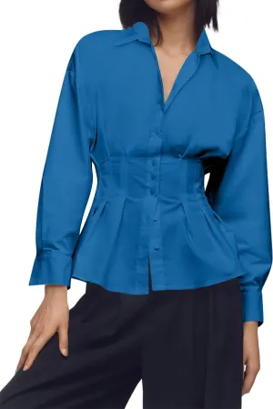 Women Striped Button Pleated Shirt Short Sleeve Summer Casual Peplum Blouse