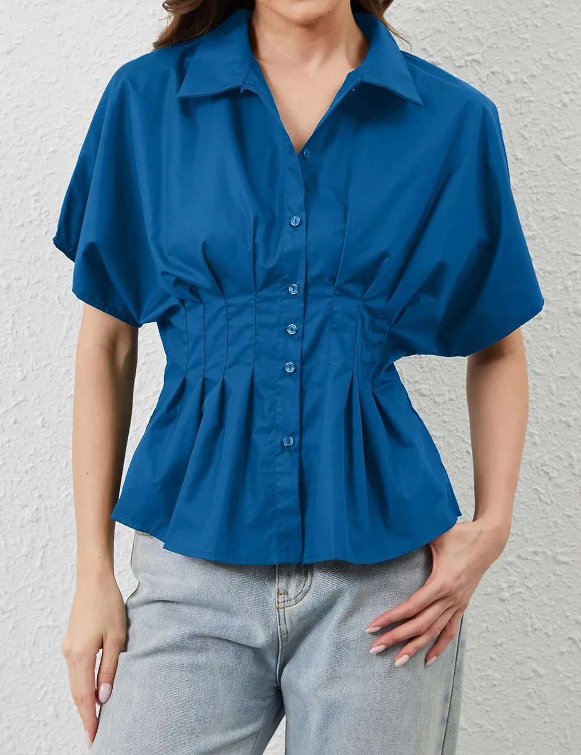 Women Striped Button Pleated Shirt Short Sleeve Summer Casual Peplum Blouse