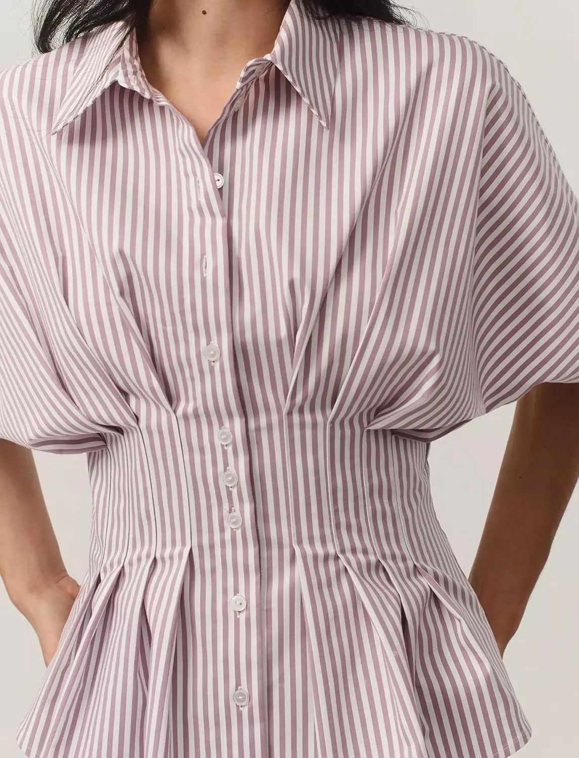 Women Striped Button Pleated Shirt Short Sleeve Summer Casual Peplum Blouse