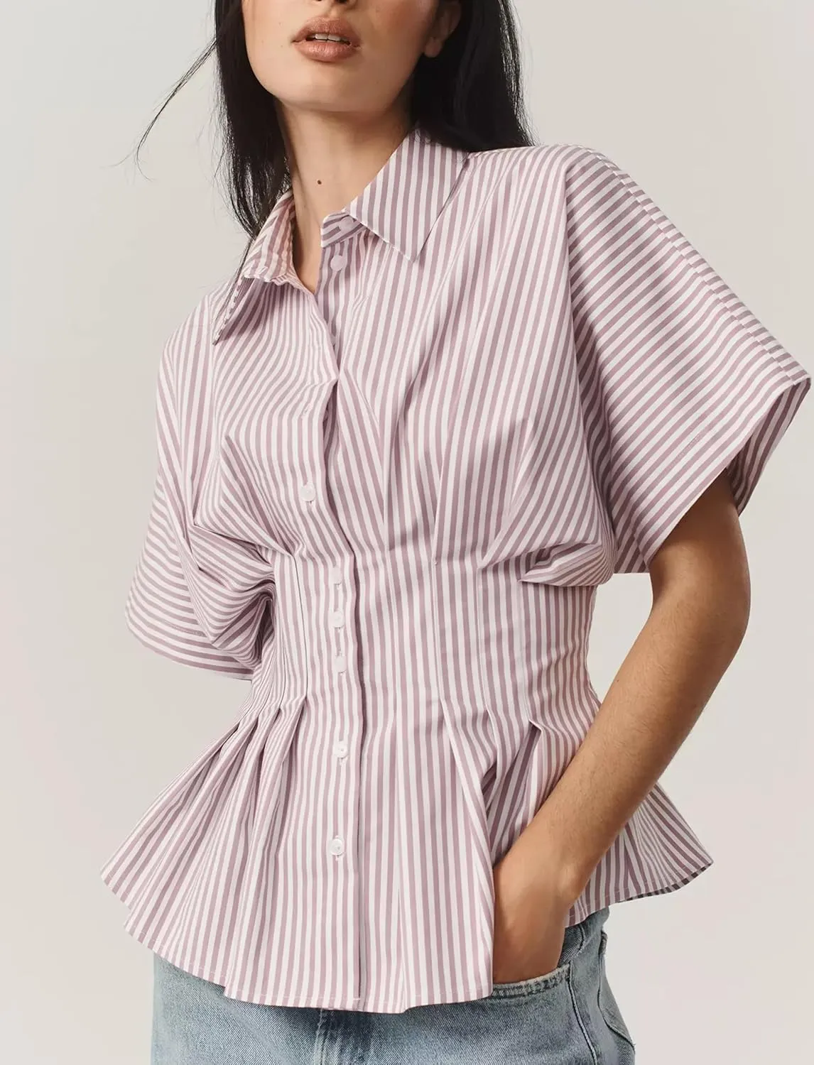 Women Striped Button Pleated Shirt Short Sleeve Summer Casual Peplum Blouse